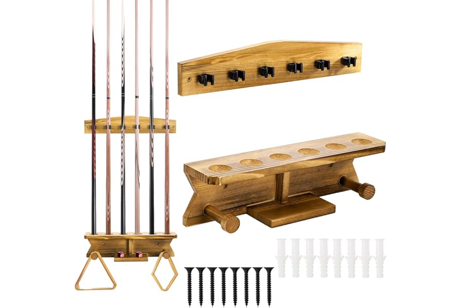 Pumtus Wall Mount Pool Stick Holder, Wood Billiard Cue Rack, Hold 6 Cues and 2 Triangle Racks, Sturdy Pool Cue Rack, Wall Billiard Stick Holder, Pool Table Accessories Organizer for Game Room, Bar