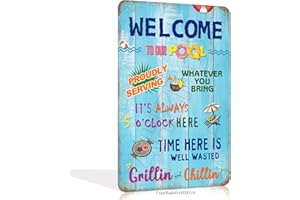 AHZFOX Panneau de règles de piscine Funny Vintage Welcome to Our Pool Panneaux métalliques Retro Home Wall Decor Tin Sign 8 "x 12" Décorations de piscine intérieure/extérieure