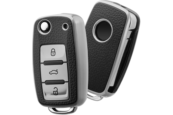 Coque de clé de Voiture VW VW Golf Keybox,Coque de clé pour VW Polo Passat Skoda Seat 3 Boutons (Cuir Argenté)