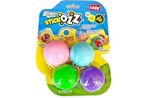 TATOY Slimy Stickozz Lot de 4 balles adhésives 2 néons et 2 balles de Colle GID à Presser, écraser et Jeter n'importe où, balles collantes pour Enfants, Sensory Anti-Stress Fidget