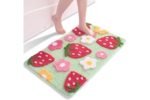 QJHOMO Green Bath Mat Non Slip Bathroom Mats 45 x 65 cm, Cute Strawberry Bathroom Accessories Flower Floor Mat, Thick Soft Microfiber Bathmat Machine Washable Bath Rug Absorbent Carpet for Bedroom