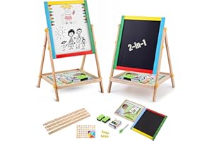 FB FunkyBuys Kids easel double sided with Magnetic Whiteboard & Chalk board for kids, 54pc Magnetic letters and numbers for children, Coloured chalk, Dry erase marker & Whiteboard eraser sponge (69CM)