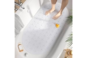 HITSLAM Owalna mata łazienkowa antypoślizgowa, przeciwpleśniowa, 68 x 38 cm, mata pod prysznic do łazienki, można prać w pralce, bąbelkowa mata do wanny z przyssawkami i otworami odpływowymi, miękka