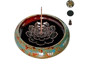 KOPYFANTAP Quemador de Incienso de Cerámica, Soporte para Incienso con Soportes de Loto de Latón y Metálico Tapa para Meditación Yoga Encimeras Decoración del Hogar, Azul