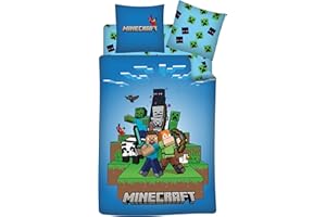 AYMAX Parure de Lit 3 Pièces Minecraft Ready to Survive, Housse de Couette 140x200 cm + Taie d'oreiller 63x63 cm + Drap-Housse 90x190 cm