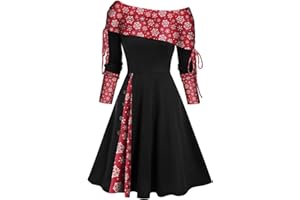 AZISEN Weihnachtskleid Damen, Cabrio-Ausschnitt Gestreiftes Kleid mit Ausgestellter 50er Jahre Kleid Swing A-Linien Coctailkleid Weihnachten Druck Slim Fit Kleid Langes Weihnachten Trendy Kleider