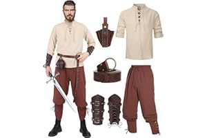 VELMAWIG Medieval Shirt Viking Costume Men's Renaissance Victorian Pirate Lace-up Shirt Fishing Shirt Warrior Gothic Stand-Up Collar Cosplay Top with Knee Trousers Men's Arm Protectors Steampunk Knight Belt