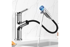 DETBOM Mitigeur Lavabo LED Intelligent avec Douchette Extractible à 2 Modes, Robinet Salle Bain avec Affichage Numérique de Température, Production Hydroélectrique, Chromé