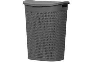 DANIEL JAMES HOUSEWARES 60L Laundry Basket with Lid - Large Plastic Washing Basket with Handles - Heavy-Duty Rattan Laundry Bin Hamper Clothes Storage Organiser for Bedroom & Bathroom - Grey, 60 Litre