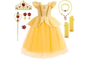 TOLOYE Princess Costumes for Girls, Belle Dress Up for Girls with Crown Fairy Wand Necklace Sets, Belle Princess Dress Long Skirt, Belle Costume Kids Fancy Dress for Party Cosplay