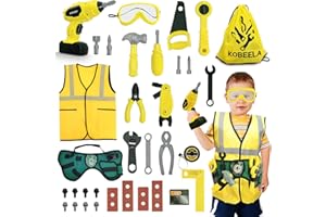 Kobeela Kids Tool Set, 44 Pcs Childrens Tool Kit with Toy Tool Belt, Electric Toy Drill and Construction Worker Costume, Toddler Role Play Tools Toys Gifts for 3 4 5 6 Year Old Boys Girls