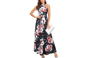 STYLEWORD Damen Neckholder Elegant Sommerkleid Ärmellos Blumenkleid Maxikleid Lange Strandkleid