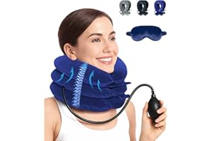 LuxoCare Neck Stretcher Adjustable – Neck Brace Pillow with Eye Mask, Cervical Neck Traction Device for Neck Pain Relief & Decompression, inflatable Neck Support for Home,Car, Travel & Office (Blue)