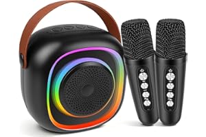 CARASTEK Karaoke per Bambini con 2 Microfono Wireless Karaoke Caraoke Bluetooth Portatile per Bambini Adulti Altoparlante Karaoke Ricaricabile con Luci LED Regalo per Bambini Giocattolo Cambia Voce (Schwarz)
