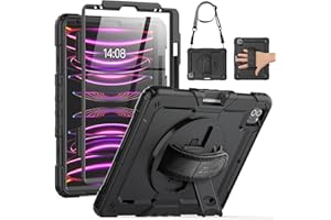 SEYMAC Funda para iPad Pro 12,9 Pulgadas 2022/2021/2020/2018 (6.ª/5.ª/4.ª/3.ª Generación), Funda Resistente a Los Golpes con Correa de Mano Giratoria de 360°/Correa de Hombro Ajustable, Negro