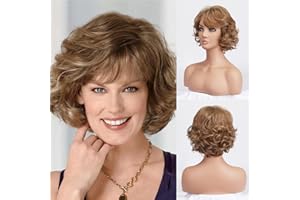 BESTUNG Brown Short Curly Wavy Wig with Hair Bangs For Middle-Aged Women 100% Imported Premium Synthetic Fashion Brown Hair Wigs for Women (Brown)