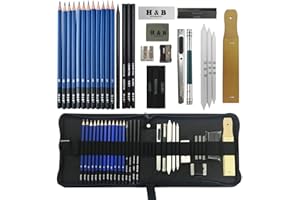 Crayons de Dessin Crayons de Croquis, KidsPark 33pc Artiste Set de Crayons à Dessin avec Sac Inclus Crayons D'esquisse Crayon Fusain Graphite Gomme Couteau Extenseur pour Enfants Adultes Dessiner