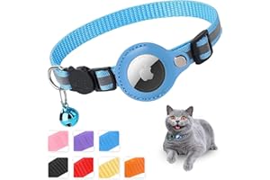 Mouyou Airtag Katzenhalsband,Airtag Halsband Katze Weiches Nylon Reflektierend mit Glocke und Sicherheitsverschluss,Tracking Katzen Halsband mit Halter Airtag Hülle Verstellbar von 22-34cm Blau