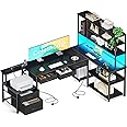 Coleshome L Shaped Corner Desk with Drawers, Reversible Home Office Computer Desk with Storages & Shelves, Gaming Table with LED Lights & Power Outlets Black, 200 × 110 cm