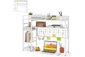 HOMASIS Estantería de Escritorio De 4 Niveles con 6 Ganchos Y Rejilla, Estantería de Madera y Metal, Organizador de Mesa con Bloqueo Antivuelco para, 94 x 25 x 73,5 cm (Blanco)