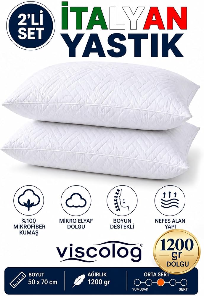 viscolog 2 Li İtalyan 1000gr Microfiber Orta Sertlikte Boyun Destekli Rahat Nefes Alan Yastık (50x70)