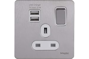 Schneider Electric Ultimate Screwless Flat Plate - Switched Single Power Socket with USB Charging Ports, Double Pole, 13A, GGBGU34102USBAWSS, Stainless Steel with White Insert