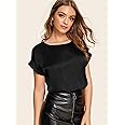 Solid Rolled Cuff Satin Top Women's Tops Casual Fall 2023 Women's Blouses (Color : Black, Size : M)