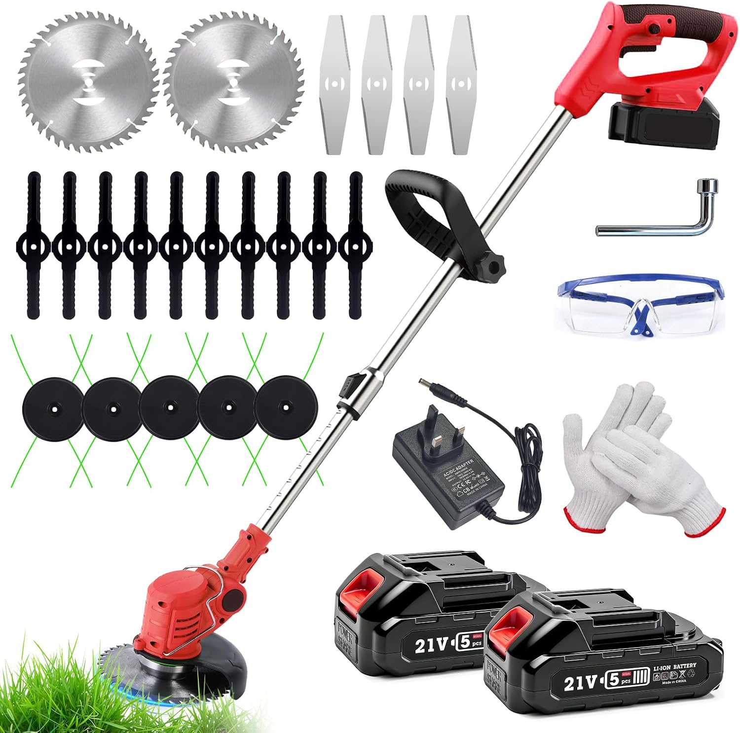 Cordless Strimmer Grass Trimmer with 2*Battery and Charger, Lightweight Strimmer Cordless, Battery Strimmer 21V MAX, Garden Strimmer Adjustable Head and Telescopic shaft for Lawn, Edges, Weeds