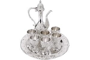 BHDK Juego de Jarra de Vino de Metal de Metal Exquisito Vintage,Kit de Tetera de Vino de Tetera de Estilo Europeo Turco Retro con 6 Tazas de Café de Lujo Y Bandeja de Té Artesanal para Servir Té,Café