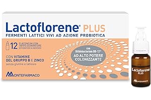Lactoflorene Plus, Fermenti Lattici, Probiotici, Senza Glutine Senza Lattosio - Integratori Adulti a base di Probiotici con Zinco e Vitamina B per l’Equilibrio della Flora Intestinale (12 Flaconcini)