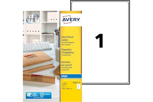 Avery 25 Étiquettes Autocollantes (1 par feuille) - 199,6x289,1mm - Impression Jet d'encre - Transparent - J8567