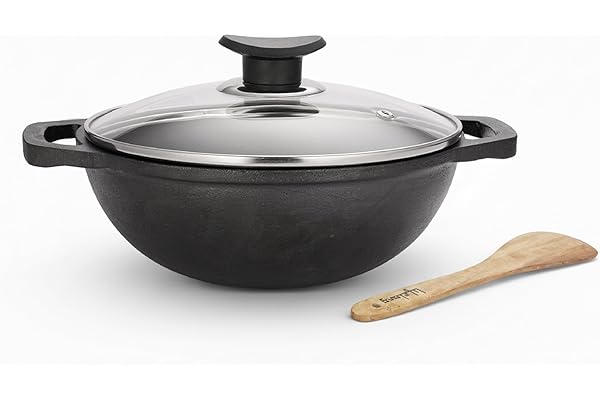 Lifelong Cast Iron Kadhai 24cm with Glass Lid & Wooden Spatula 3.3L, 2.4kg Pre-Seasoned, Even Heat Distribution, Toxin & Teflon Free, Non-Stick, & Durable Perfect for Cooking, Searing & Stewing