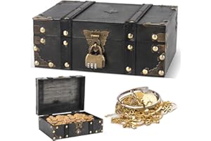 FENGQ Drewniana skrzynia na skarby w stylu vintage, 24 x 17 x 10 cm, skrzynia na skarby z zamkiem szyfrowym, drewniana skrzynia dla dzieci, duża, z pokrywką do przechowywania, dekoracja, urodziny