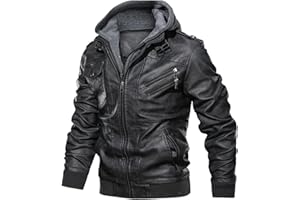 Uusollecy Veste en Cuir Homme, Cuir Synthétique Blouson avec Capuche Amovible