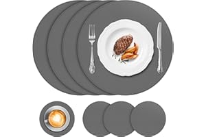 APLKER Leather Placemats and Coasters Set of 4, Round Table Mats Waterproof Dining Place Mats Coffee Mats Heat Resistant Placemat Non-Slip Washable Place Mats (Set of 4, Grey)