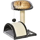PawHut Small Cat Scratching Tree 2 Levels 14 x 37 x 46 cm Dark Grey | Cat Tree, Post, Scratching Board, Platforms, Hanging Ba