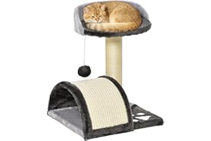 PawHut Árbol Rascador para Gatos Pequeños Altura 46 cm de 2 Niveles Árbol para Gatos con Poste Tablero para Rascar Plataformas y Juguete de Bola Colgante 35,5x37x46 cm Gris Oscuro