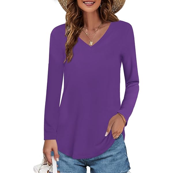 Beluring Maglietta a maniche lunghe da donna, elegante, scollo a V, tinta unita, con orlo curvo, bianco, XXL