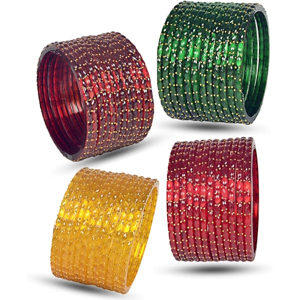 Shemass Raindrop Glass Bangles Set For Women – 12 Pack Crystal Glass Bracelets With Golden Bead Detailing