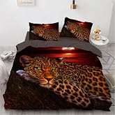 Leopard Bed Linen 220 x 240 cm Leopard Animal Motif Gold Black 3D Bed Linen Soft Microfibre Duvet Cover Set 3-Piece for Gifts Room Decoration with Zip and 2 Pillowcases 80 x 80 cm