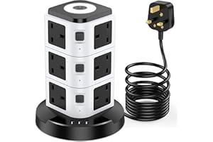 Tower Extension Lead with USB Slots and Night Light, Acodot 12 Way Multi Plug Extension & 3 USB Slots,Surge Protection Extension Lead 3M of Pure Copper Wire for Home, Office