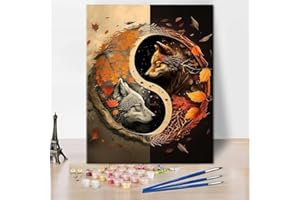 TISHIRON TUMOVO DIY Paint by Numbers for Adults Beginner, Adult Paint by Number Kits on Canvas Number Painting for Adults Yin Yang Wolf Fox Acrylic Painting Kit, Hallo-ween Gift Wthout Frame 16x20 Inch