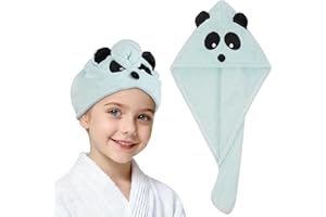 AUYAO Hair Drying Towels Wrap Hair Dry Cap with Buttons Coral Fleece Hair Turban Towel Hair Drying Towel Super Absorbent Hair Bath Cap Anti Frizz Dry Hair Hat Dry Head Wrap Towels(Light Blue Panda)