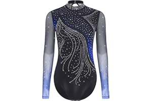 Oyolan Femme Justaucorps Gymnastique Strass Manches Longues Combinaison Body Danse Classique Leotard Patinage Artistique Tenue
