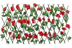 Gardenwize – Solar Powered Light up LED Extendable Garden Trellis, Screening Privacy Boarder UV Protected Faux Ivy Backdrop For Fence Balcony Patio Outdoor IP44 Waterproof (Red Flower)
