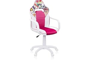 ADEC GROUP duehome | DRW Sticker, Silla Gamer, Silla de Oficina Gaming Estudio o Escritorio, Acabado en Símil Piel Blanco, Rosa y Sticker, Medidas: 46,5 cm (Ancho) x 46 cm (Largo) x 98-109,5 cm (Alto)