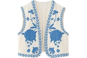 YILEEGOO Women Vintage Boho Floral Embroidered Gilets Sleeveless Crop Cardigan Tops Open Front Vest Outwear Jackets