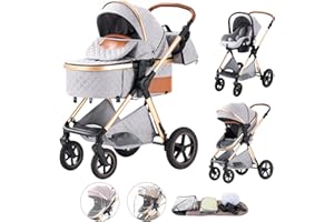 Shineey Poussette 3 en 1,poussette pliable Avec Siège Auto, Poussette Bébé Compacte Réglable en Hauteur Avec, Poussette Trio Cadre en Alliage d'aluminium Haut Paysage système de voyage