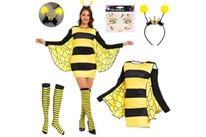 WELLCHY Disfraz de Abeja Mariquita para Adultos, Mariquita Vestido, Diademas, Accesorios de Fiesta, Rayas Calcetines, Vestido Abeja Mariquita Mujer para Carnaval Cosplay