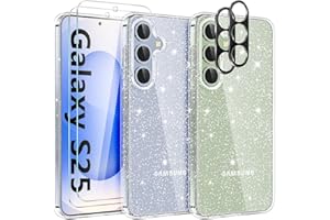 YIRSUR Coque pour Samsung Galaxy S25 Paillettes, avec 2 Verre Trempé et 2 Caméra Arrière Protecteur, Transparent Paillettes TPU Silicone, Anti-Rayures, Brillant Étui de Protection
